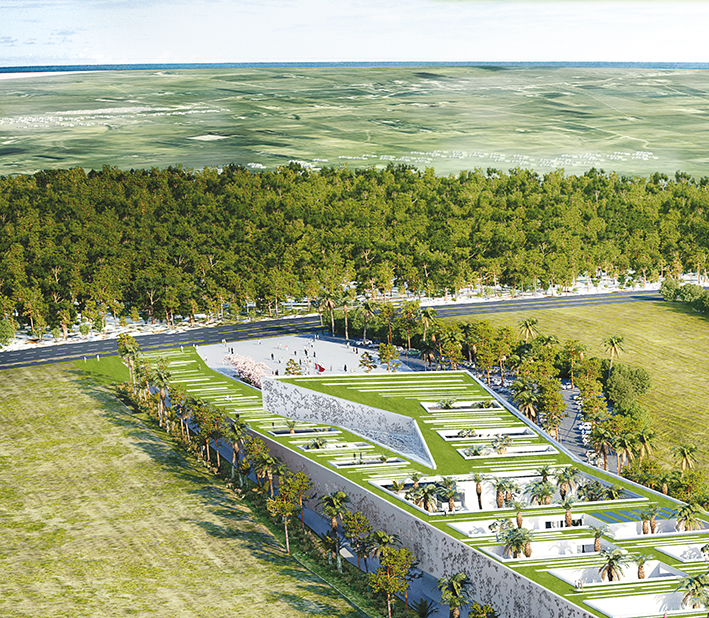 Perspective aérienne, en dialogue avec la forêt de Bouskoura © AIA associés. Architecte mandataire Taoufik El Oufir