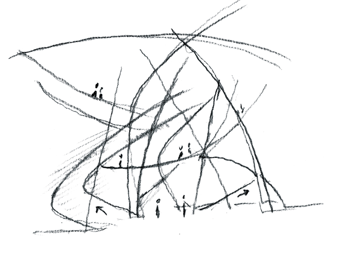 De l’esquisse à main levée au projet : détail du pavillon central conçu comme une grande porte à la fois sas d’entrée et espace scénographique.